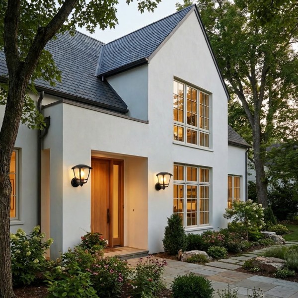 Nowy dom z białą elewacją z dwoma kinkietami.jpg